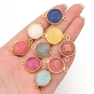 2/4Pcs Lot  16*22MM Double Hole Round Faceted  Natural Stone Charm Pendants Connector For Jewelry Making DIY Necklace Bracelet E