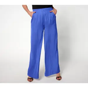 Isaac Mizrahi Live! Regular Crinkle Satin Flowy Wide Leg Pants