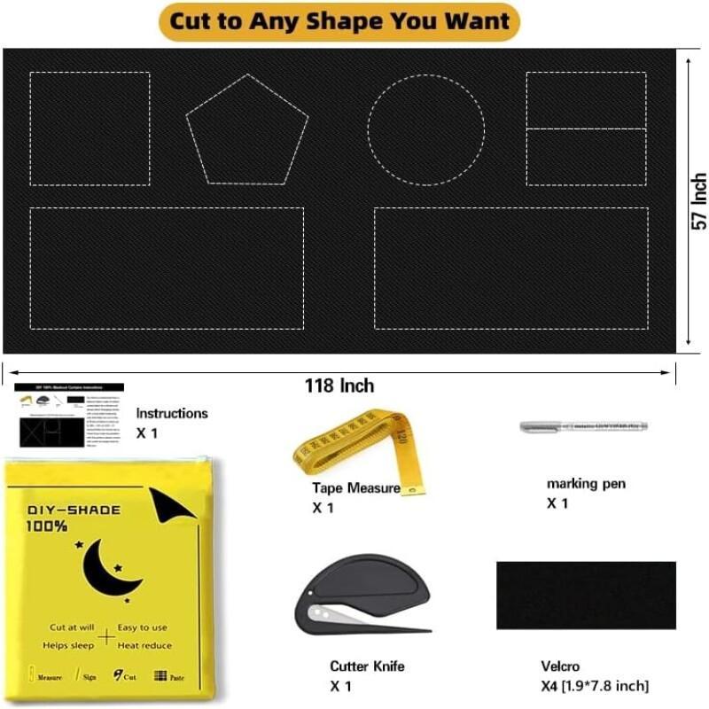 5pcs Set Blackout Shades/Blinds for Windows | 118" x 57", 100% Blackout Material, Adhesive Tapes, Classic Style, Black Finish, Ideal for Baby Nursery, Bedroom, Living Room, Travel - CUBIDUPI