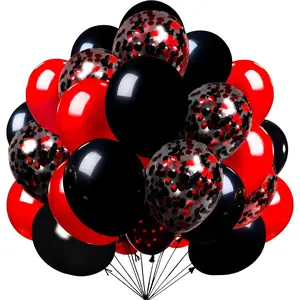 Red Black Latex Balloons 12 Inch 70 pack Set Black and Red Confetti Balloons for Birthday Wedding Party (with 2 Ribbons)