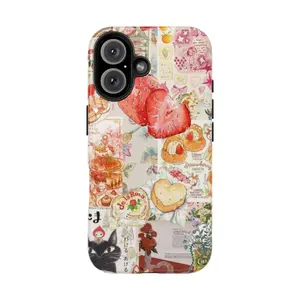 Strawberry Aesthetic Collage Phone Case | Cute Food & Floral Phone Cover for iPhone 16 15 14 13 12 11 Pro Max XR XS & Samsung S25-S21 | Kawaii Japanese Strawberry Dessert 