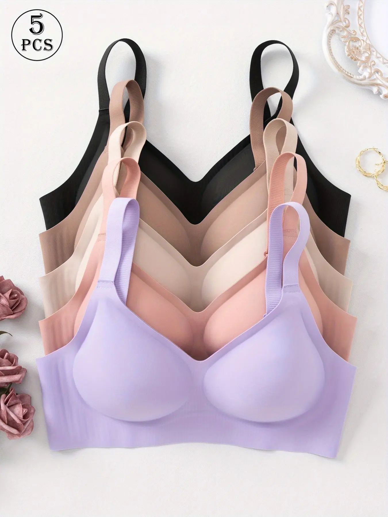 5-Pack Women's Lingerie Underwear Bras, High Elasticity Breathable Comfort, Sporty Plain Casual Design, Wireless Medium Support, Slim-Fit Buckle Closure