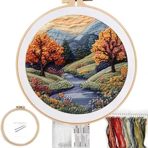 Embroidery Kit for Beginners, Boho Nature Landscape Pre-Stamped Pattern Kits for Adults with Hoop, Easy to Follow Color Thread Needlework, 8'' Hoop (Mountain Trail)