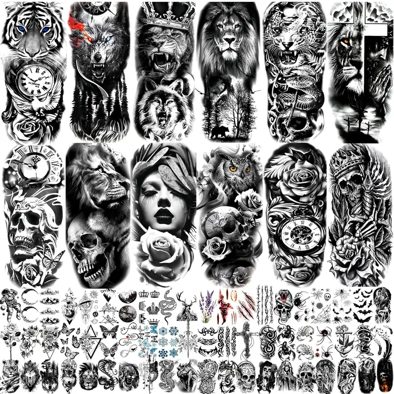 82 Sheets Temporary Tattoo for Men Women Adults, Include 12 Sheets Black 3D Half Sleeve Temporary Tattoos, Halloween Tattoos Scary Lion Wolf Tiger Skull Skeleton Tattoos Stickers