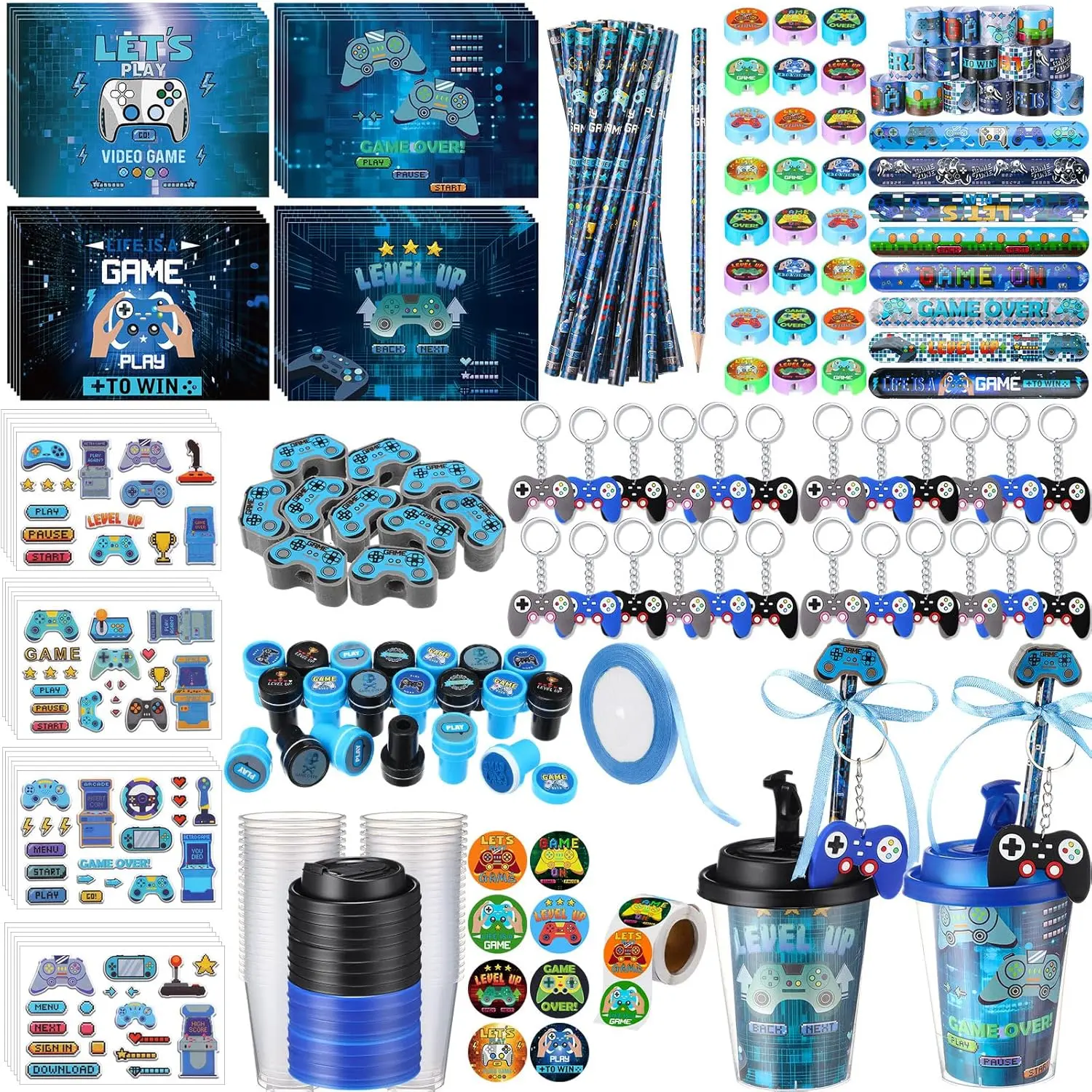 Halloween fall Gift 218 Pcs Video Game Party Favors Set Includes Drink Cup with Lid Game Card Pencil Sharpener Eraser Stickers Slap Bracelet Keychain Stamp Sticker Ribbon for Gamer Birthday Level Party