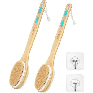 2 Pack Shower Brush with Soft and Stiff Bristles, Bath Dual-Sided Long Handle Back Scrubber Body Exfoliator for Wet or Dry Brushing