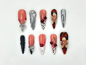 AuréNails – Autumn Cherry Bloom Press On Nails | Coral Red Fall Nail Art | 3D Floral & Leopard Print Nails | Handmade Gothic Accent Set – AN01