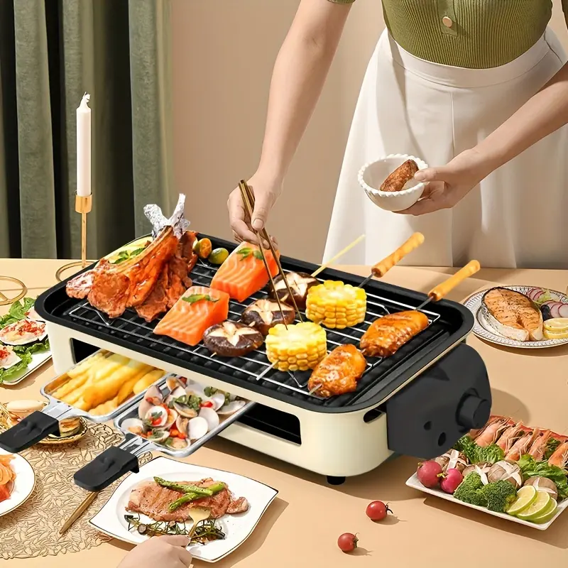 Indoor electric grill, smoke-free, kitchen indoor grill with non-stick cooking removable plates, removable Multifunction