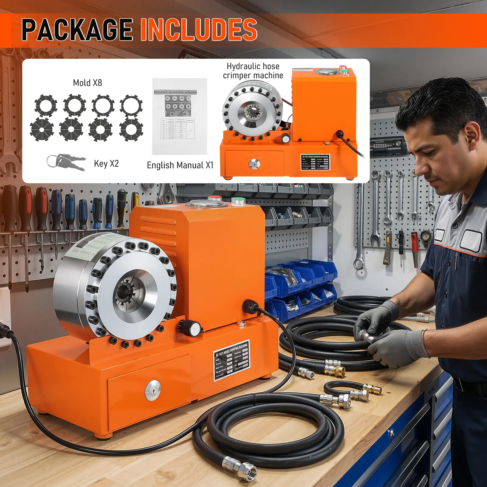 Hydraulic Hose Crimping Machine with 8 Dies, Electric Hydraulic Crimping Machine 110V for AC Hose Repair, Automotive Hydraulic Line & Fuel Line Crimp Tool