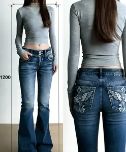 Women Mid Waisted Bootcut Jeans Zip Stretchy Slim Casual Double Button Flare Denim Pants with Distressed Pocket fashion