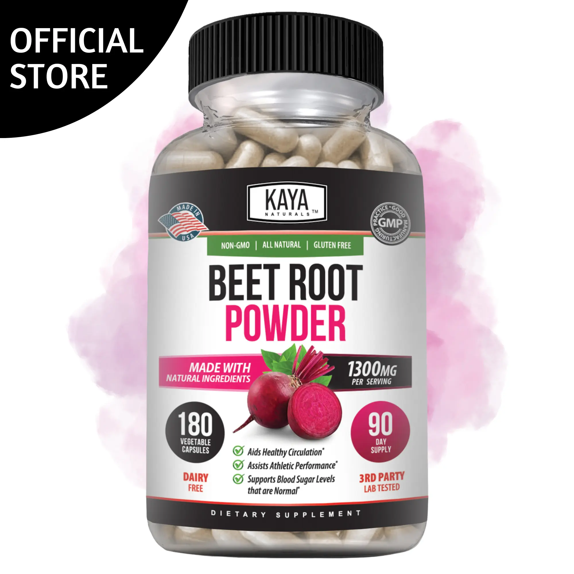 Kaya Naturals Premium Beet Root Powder | Beet Root Extract, Beetroot Nitric Oxide Booster, Non-GMO & Gluten-Free, 1300mg Per Serving - 180 Veggie Capsules - Dietary Supplement