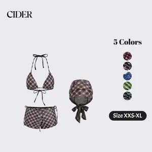 Cider Halter Neckline Check Knotted Triangle Tie Side Bikini Set With Cover Up Shorts & Headscarf