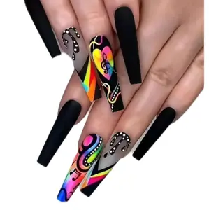 24pcs Extra Long Black Press on Coffin with Graffiti Designs