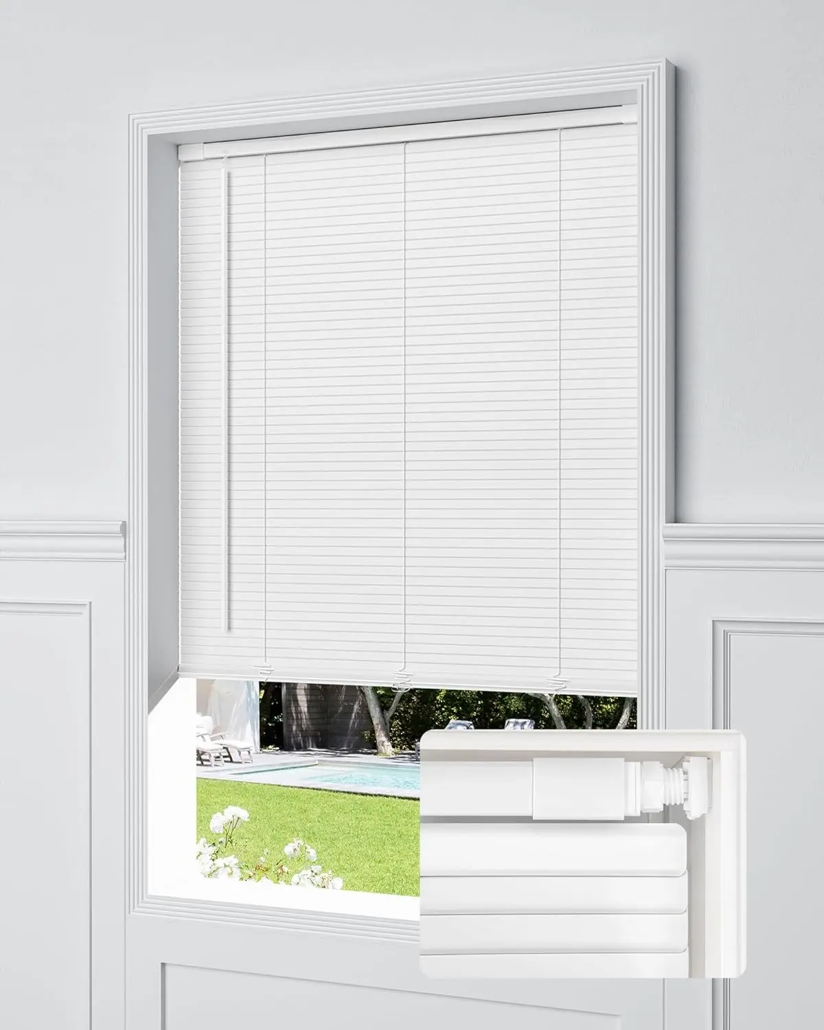 No Drill Cordless Mini Blinds for Home Windows 1" Vinyl L-Shaped Slats Window Size 20" W × 36" H White