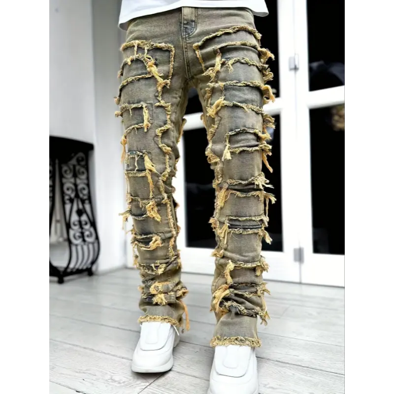 Women's Creative Tassel Decorated Straight Jeans, Casual Stretch Street Style Hip Hop Skate Rap Jeans For Men And Women, Suitable For All Seasons