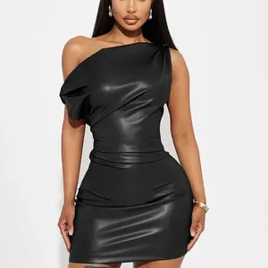 two-piece set woman Off Shoulder PU Leather Dress Women Sexy Solid Tight Pleated Short Dress Party Club Sleeveless Leather Dress
