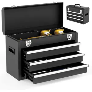 3 Drawer Tool Box, Tool Box with EVC Liners and Latches Closure, Tool Chest with Ball Bearing Opening and Powder Coated Finish, Black