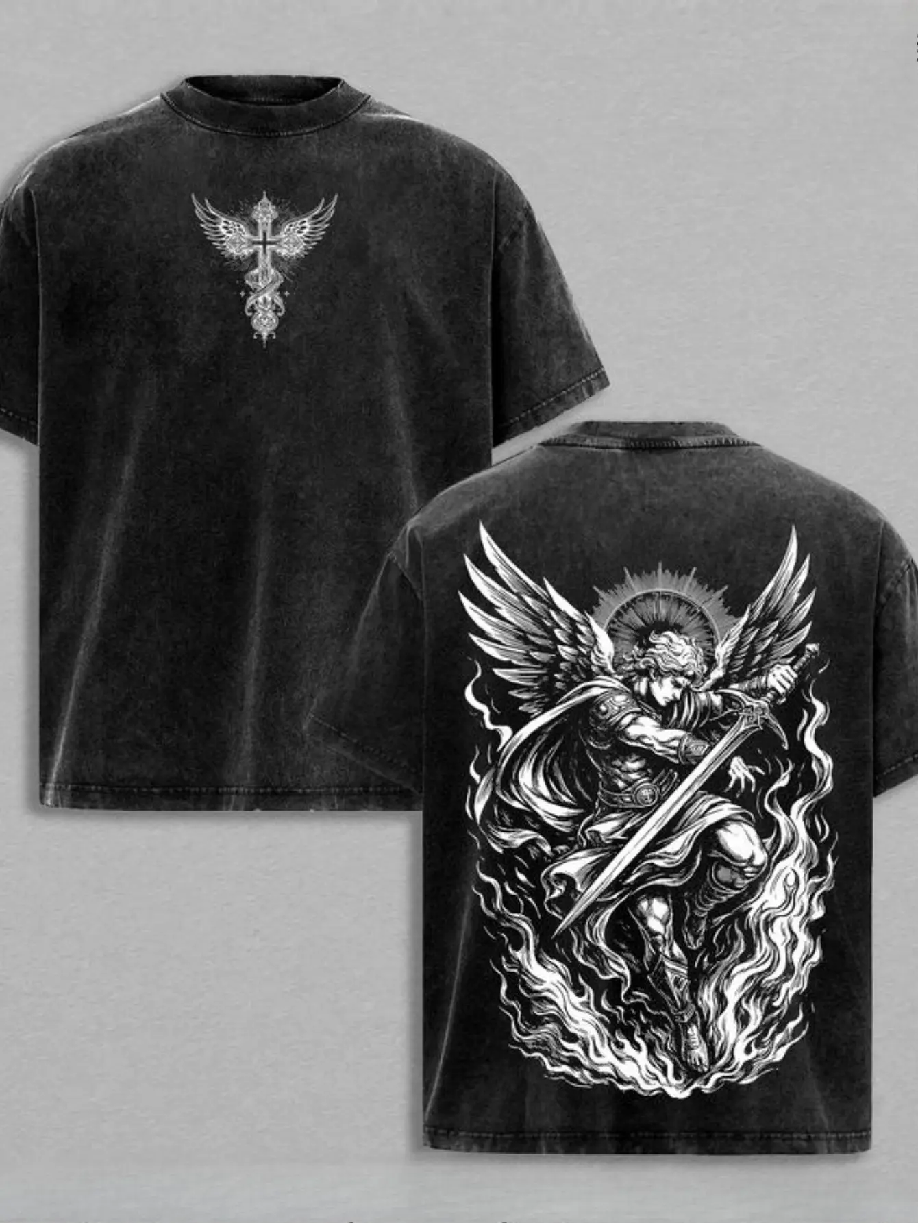 Archangel Retro Washed Christian T-shirt, Flame Angel Faith Pattern T-shirt, Heavyweight Cotton Scripture Streetwear Top, Unisex Retro Worship Shirt, Gothic Religious Attire, Gift for Believers, Summer Casual Men's Top