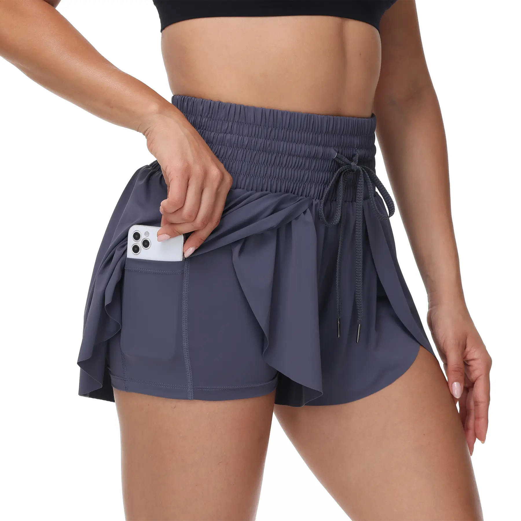 High Waist Shirred Butterfly Shorts for Women, 2-in-1 Flowy Athletic Skort with Drawstring & Pockets, Active Workout Shorts for Yoga Running Sports