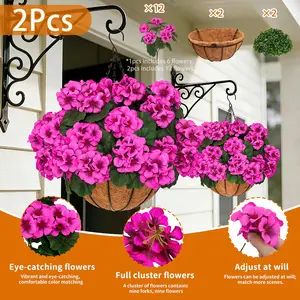 2Pcs Artificial Geraniums Hanging Baskets, 12 Bundles UV Resistant Fake Pink Flowers, Faux Outdoor Plants for Front Porch Patio Balcony Garden Spring Decor