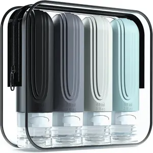 Travel Bottles for Toiletries, Tsa Approved 3oz Travel Size Containers BPA Free Leak Proof Refillable Liquid Silicone Squeezable Travel Accessories for Shampoo Conditioner Lotion (4 Pack) Organiser Tin Canister