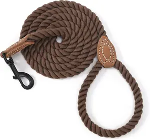 Mile High Life Dog Leash, Braided Cotton Rope Leashes with Leather Tip - Heavy Duty Metal Clasp, 4FT, 1/2" Thick - Wedding, Walking & Training Leash for Small Medium Large Dogs (Dark Brown) Universal Promotions