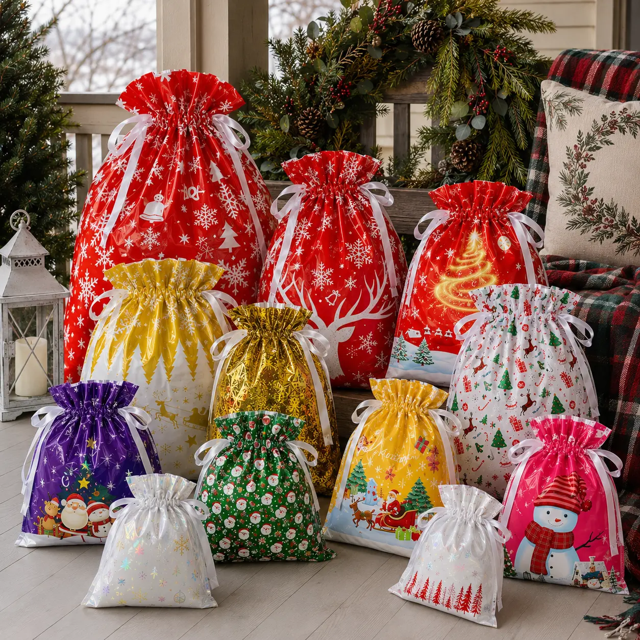 60 PCS Christmas Gift Wrapping Set, 30 Multi-Size Drawstring Gift Bags And 30 Gift Tags, Assorted Festive Prints For Holiday Presents, Candy, Toys, Party Favors, Goodie Bags And Stocking Stuffers-YY