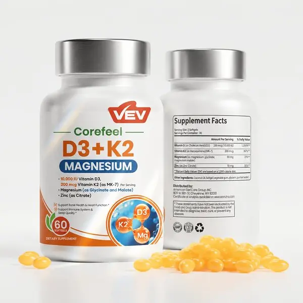 VEV Vitamin D3 K2 10, 000 IU Magnesium Supplement, with Vitamin D And K (MK-7), Magnesium Glycinate & Malate, Zinc Citrate. 60 Or 300 Softgels for, Bone And Muscle Support