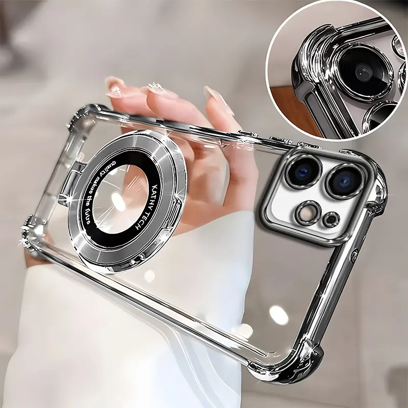 Suitable for [iPhone 12 Mini] high-end phone case🥰, Electroplated Luxury Clear Phone Case with Ring Stand Holder 4-Corner Shockproof Camera Protective Cover 952