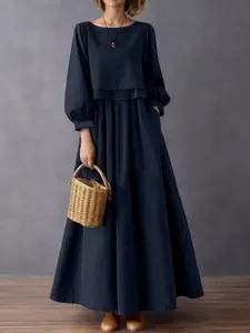 Women's Casual Long Sleeve Dress, Pure Color A-Line Design, Autumn Retro Style, Comfortable and Stylish, Perfect for Daily Wear