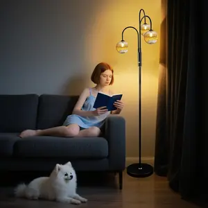 70IN Dimmable Floor Lamp for Living Room, 3 Light LED Tree Floor Lamps with Glass Globe Shade& Bulb Included, Mid Century Standing Tall Lamp with 5Lbs Heavy Base for Bedroom/Sofa Beside-Black
