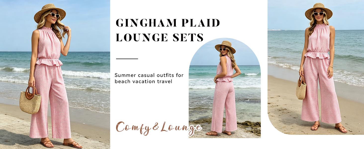 SCUSTY Women's 2 Piece Set Outfits Gingham Plaid Sleeveless Ruffle Top Wide Leg Pants Summer Casual Beach Vacation Sets
