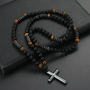 2 Pieces 8mm Matte Black Stone Tiger Eye Cross Pendant Men's Minimalist Necklace, Personalized Imitation Black Agate Cool Jewelry Gift