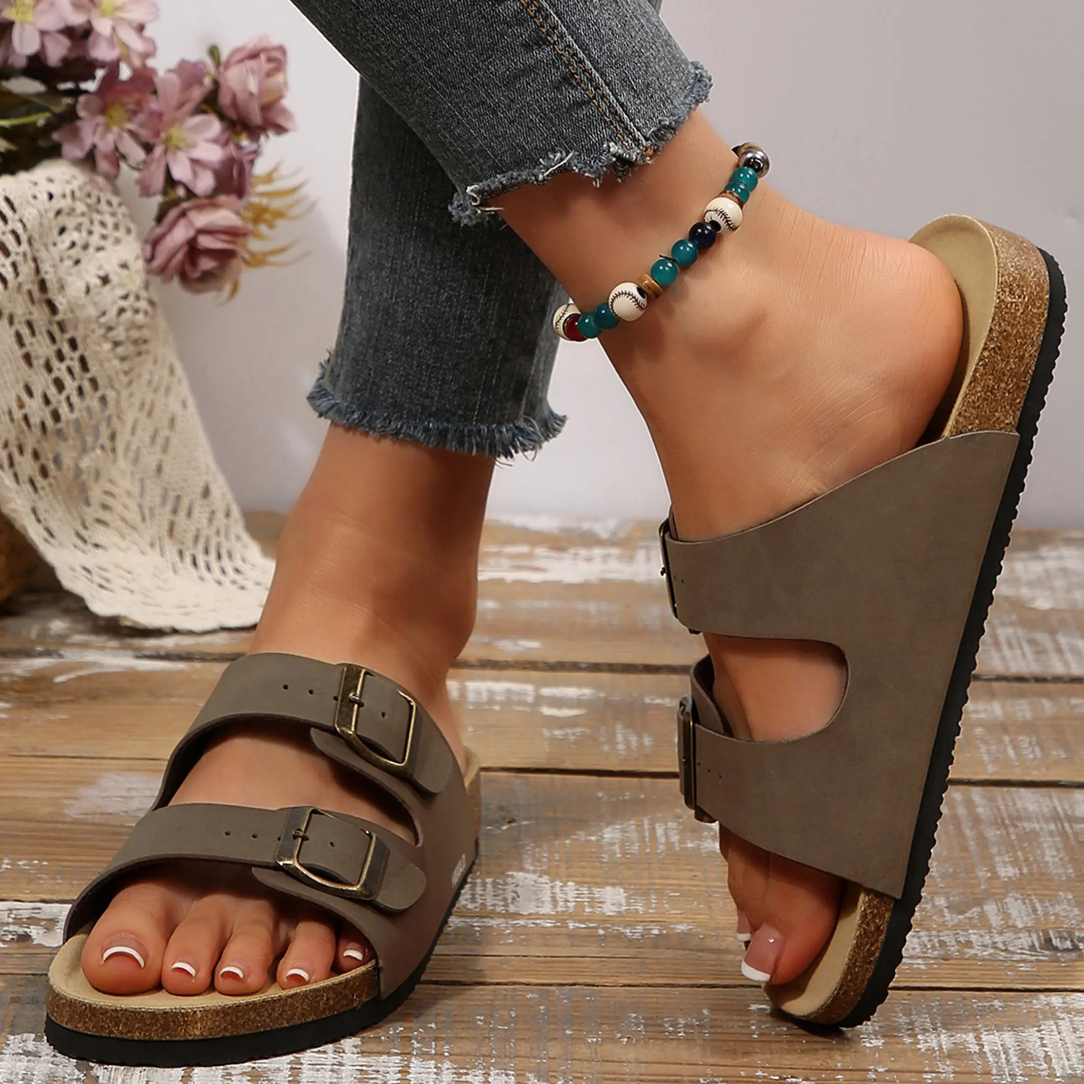 Women's Comfort Sandals Double Buckle Sandals Soft Cork Footbed Open-Toe Adjustable Slides Indoor Outdoor Shoes