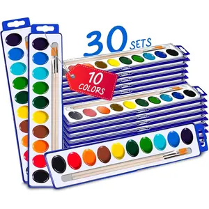 10-Color Water Color Paint Sets for Kids 30 Pack Bulk Watercolor Paint Set Washable Acuarelas Watercolor Palette Mini Paint Sets for Kids Party Favor Classroom Water Paint Kit 2 Wood Brushes Included