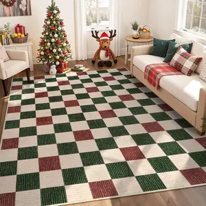 Christmas Carpet Rug, Plaid Design, Soft Comfortable Pet-Friendly Non-Slip Mat, Foldable Indoor Decor