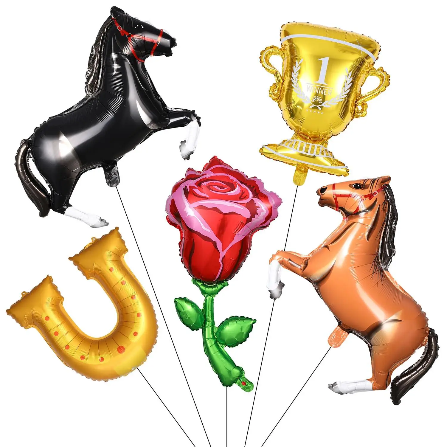 Derby Day Balloons Set, 5Pcs Run For The Roses Horse Racing Decorations Include Horse/Rose/Horseshoe/Champion Trophy Foil Balloons For Kentucky Party, Equestrian Race Horseback Riding Theme Party