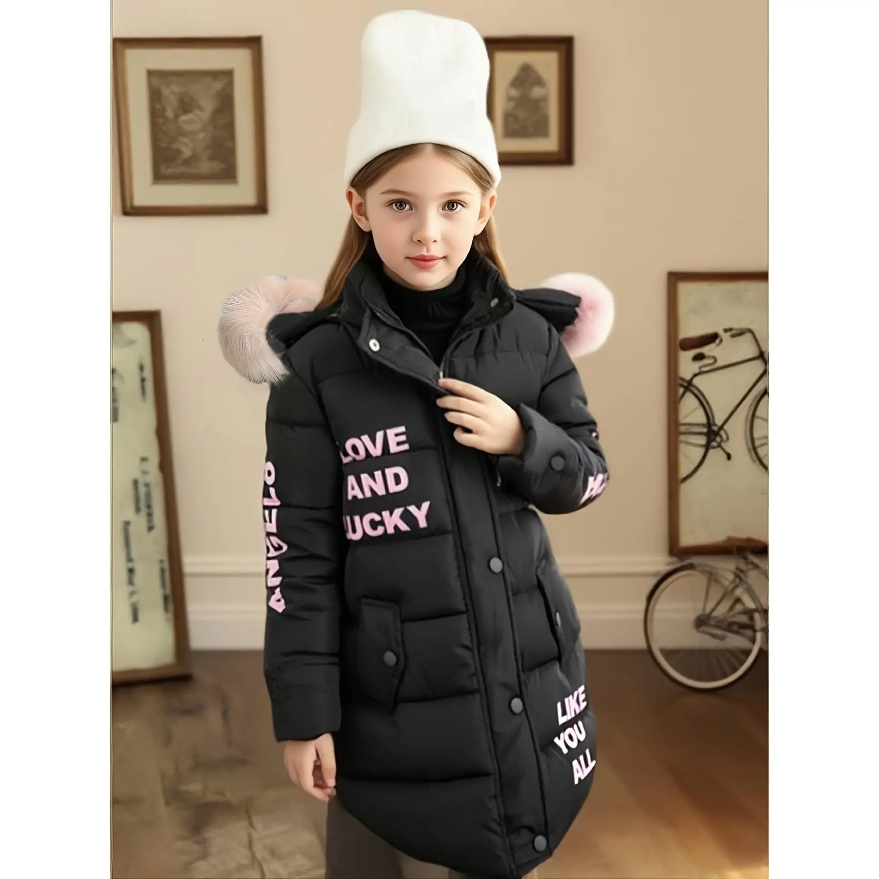 (New)[Birthday/Christmas Gift For Girls] Girls' Long Hooded Winter coat - Thick Coldproof Jacket with LOVE AND ALL LETTERING, Full-Zip Front, Pastel pink Outerwear for to Kids (Hand Washable Non-Stretch Fabric) - Birthday/Christmas Gift for Girls