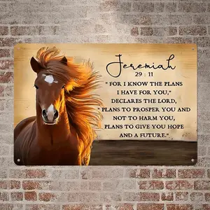 1pc 12x8 Inch Metal Jeremiah 29:11 Inspirational Wall Decor Sign - American Style Featherless Metal Plaque with Sunset Horse Design, No Electricity Required, Wall-Mounted for Home, Cafe, Bedroom, Religious Wall Art | Rustic Wal