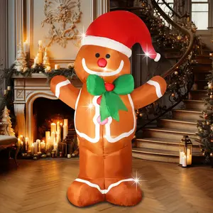 8FT Gingerbread Man And Penguin Inflatable Decoration Colorful Holiday Decor For Christmas Winter Celebrations And New Year Home Decoration