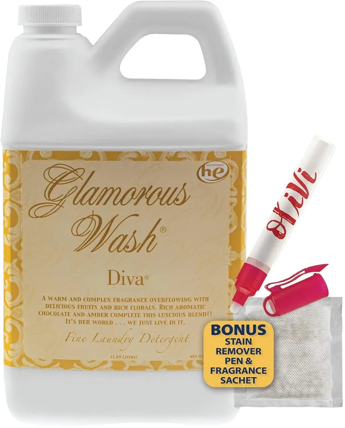 Tyler DIVA Glamorous Wash Laundry Detergent- 1/2 Gallon - With Olivi Stain Remover Pen - Fresh Scented Sachet - Laundry Detergent - For Washing Clothes, Linen, Lingerie, Expensive Fabric, Sheets Household Cleaning