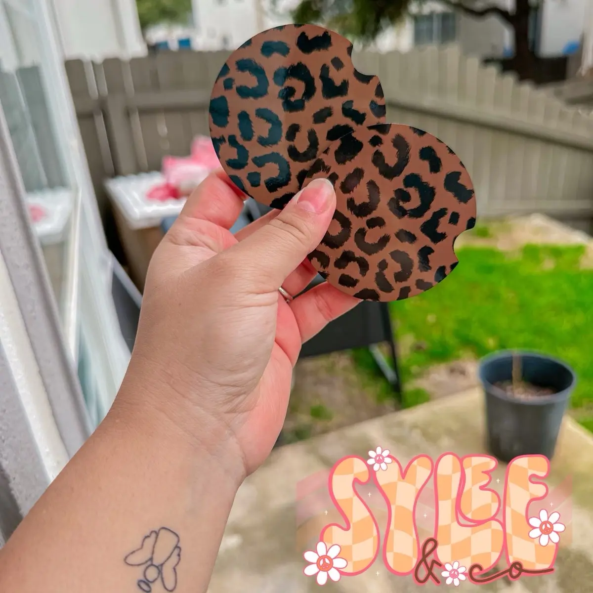 Brown Cheetah  Checkered Car Coasters interior girly round boujee accessories