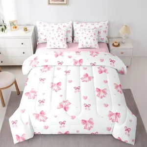 Bowknot 7 Piece Bedding Set,Pink Cherry Comforter Bed Set with Sheets,Aesthetic Love Heart Bed Bag,Fruit Princess Fashion Bow Kids Girls Women Bed Set