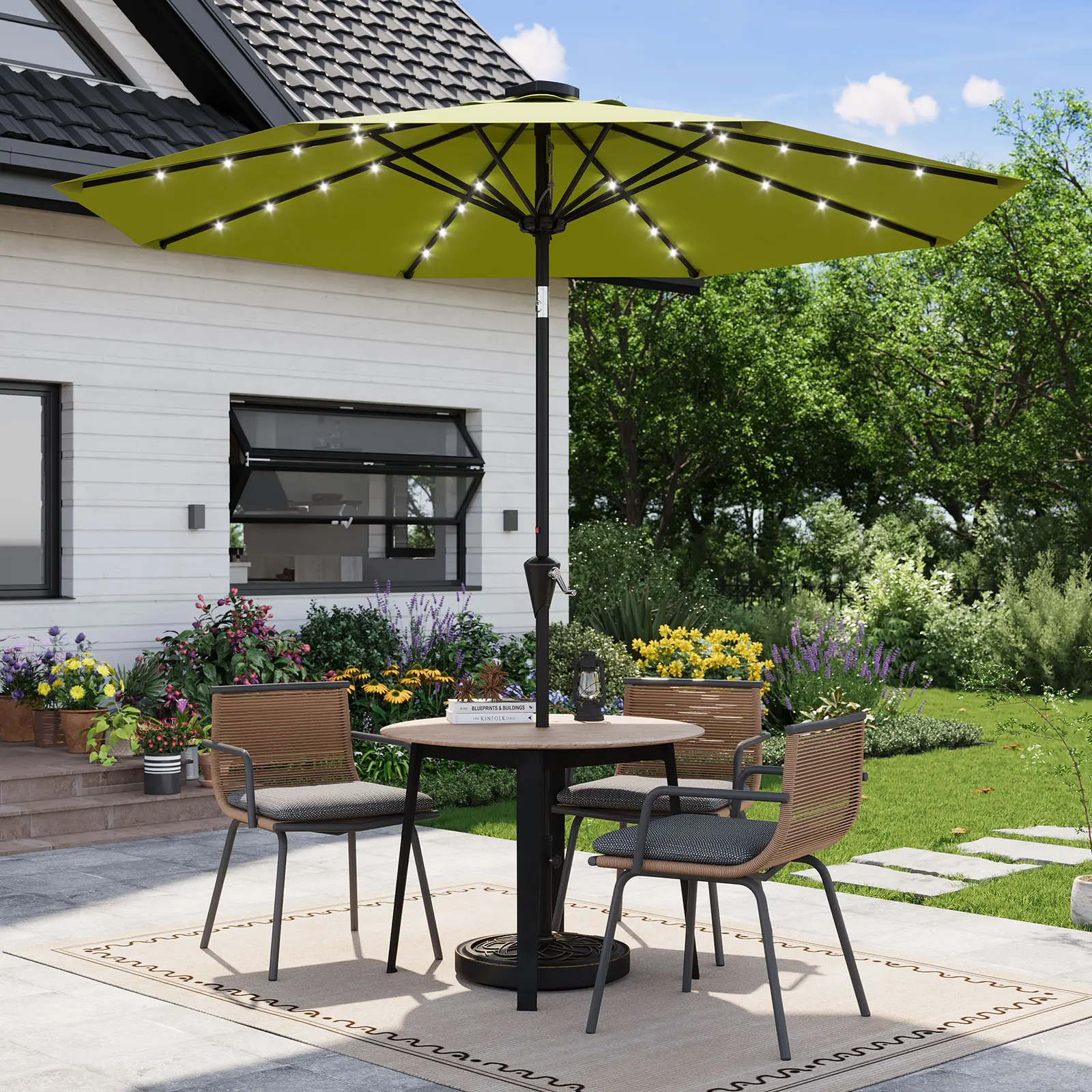 Garvee 9FT Solar LED Patio Umbrella, Waterproof Outdoor Market Table Umbrella with 8 Ribs, Crank Lift, Push Button Tilt, UV Protection for Garden, Pool & Deck