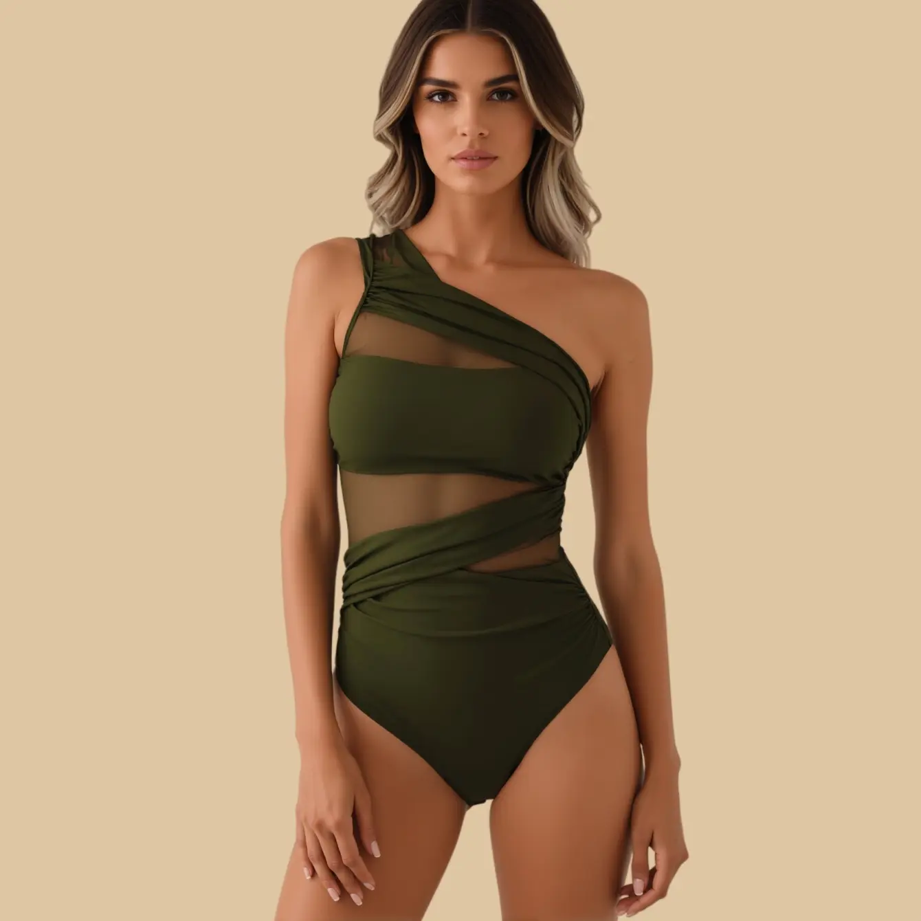 single strap swimsuits one piece Big-size retro dark green breathable mesh abdominal-reducing slimming swimming suit swim sets for women upside down triangle swim top Simple style swimming suit for photography Beach Vacation Party Cruise Swimsuit Set