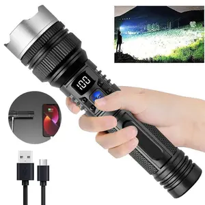Long Runtime Flashlight 10000 Lumens Type C Fast Charging 3 Modes Telescopic Zoom Waterproof Handheld Torch for Camping Hiking Hurricane Emergency Outdoor Activities