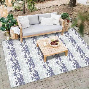 【GARVEE】Outdoor Area Rugs in Multiple Sizes (5×8, 8×10, 9×12) with Blue & White or Black & White Geometric Patterns, Waterproof, Easy to Clean, Foldable, Reversible Plastic Straw Design for Patio, RV, Beach, Camping, and More