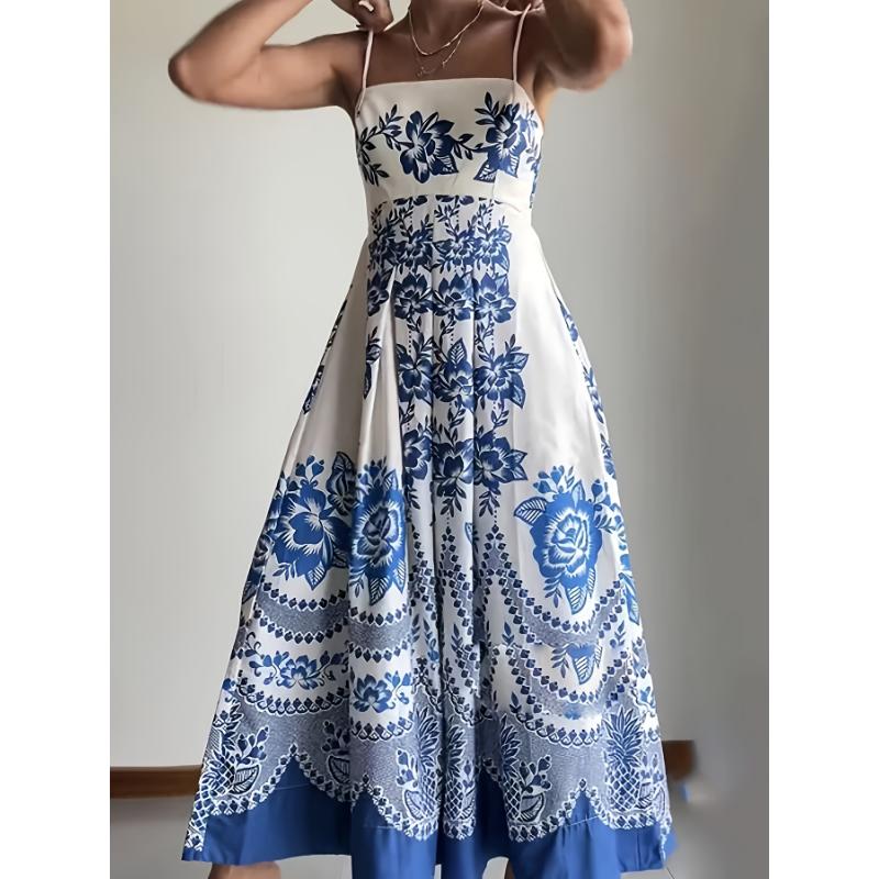 Women's clothing Elegant Blue & White Floral Print Strapless Ankle-Length Maxi Dress - Sleeveless Bodycon Pencil Skirt Silhouette, Flared Hem Summer for Beach Weddings Casual Outings, Fabric Fit Chic Polyester Womenswear Collar Comfort