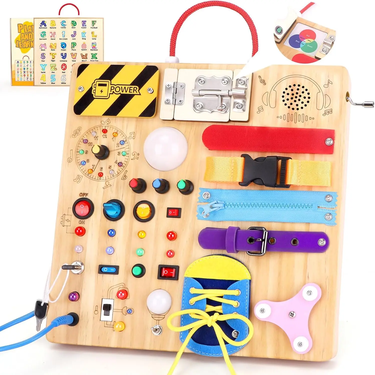 23 in 1 Busy Board Montessori Toys for 1-3 Year Old Wooden Learning Educational Toy for Toddlers with 15 Switches, 26 LED Lights, Music boxes, Locks,Zippers Toddler Sensory Toys for Soothing A Baby