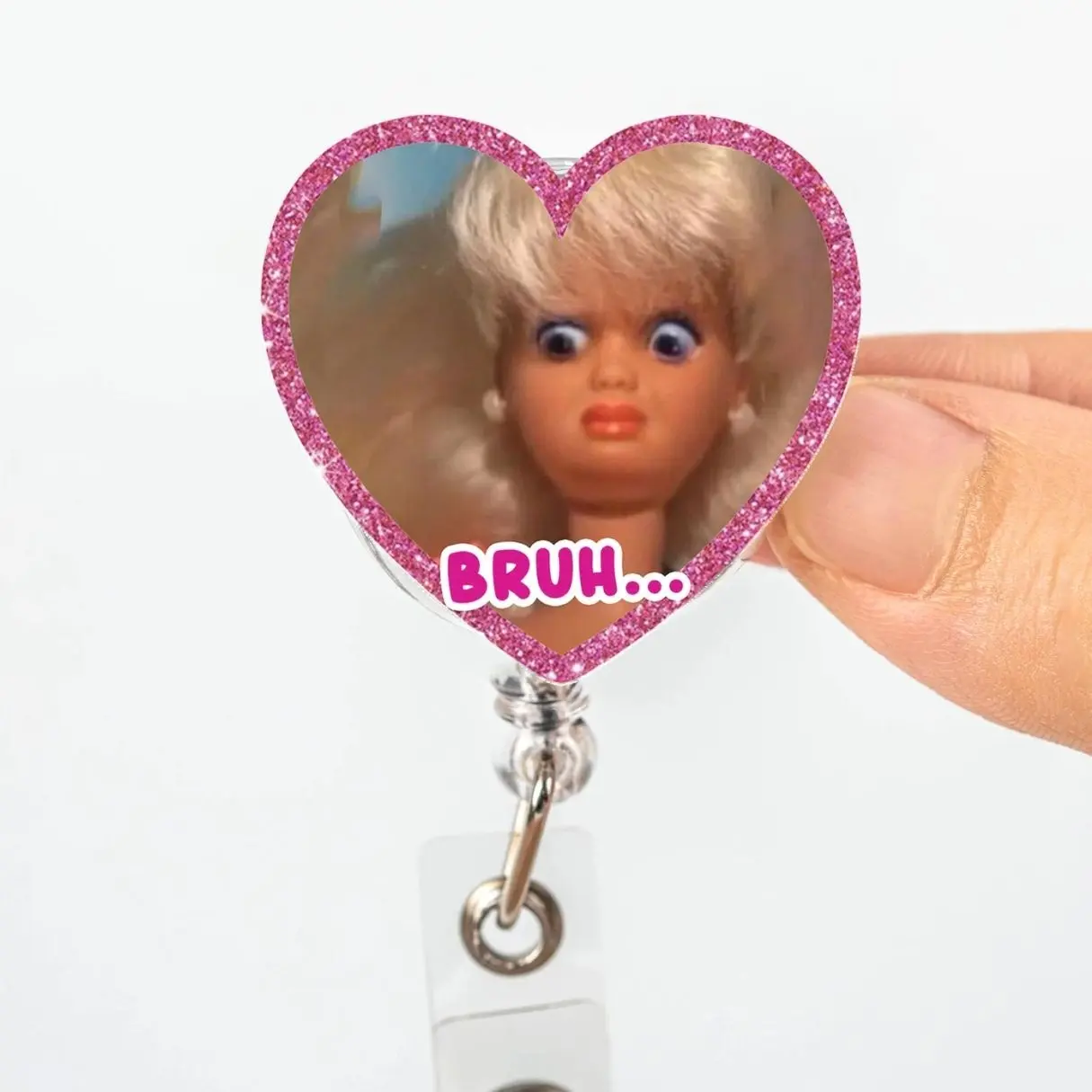 Funny 'Bruh' Pink Glitter Badge Reel | Interchangeable ID Tag